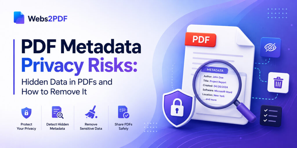 Concept image of PDF metadata exposing hidden author data and document history.