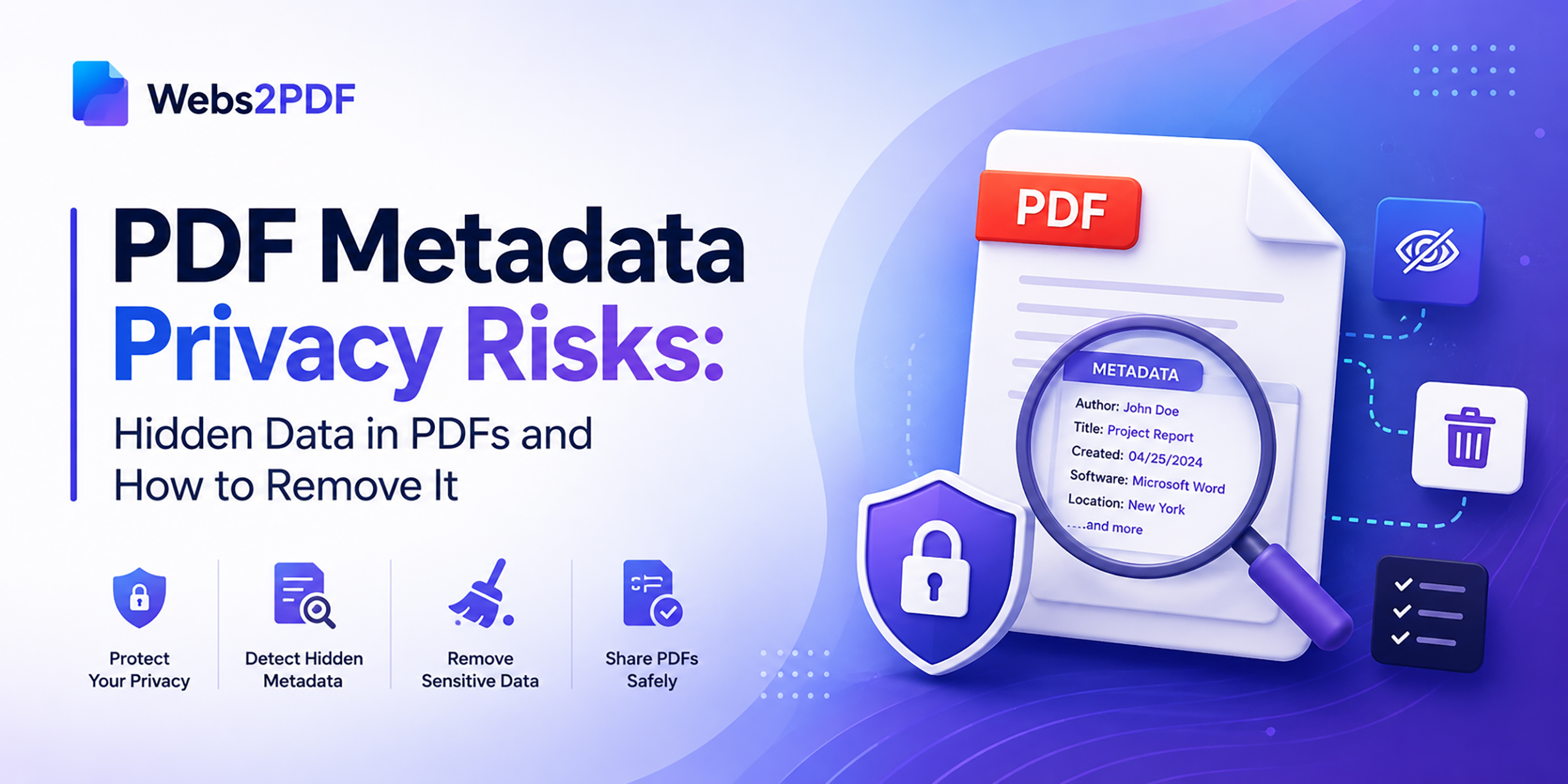 Concept image of PDF metadata exposing hidden author data and document history.