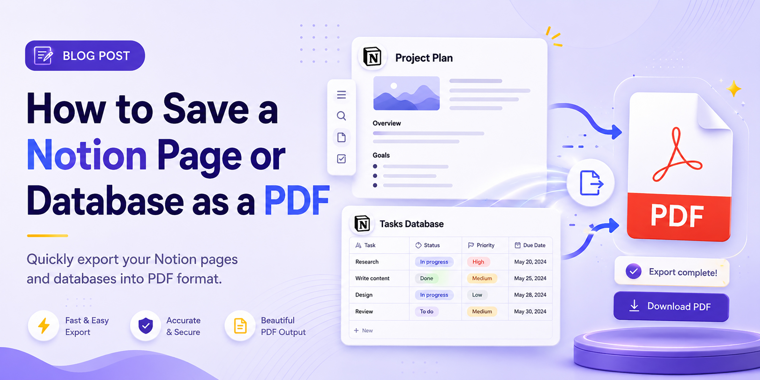 Webs2PDF tool interface converting a Notion page into a PDF using a URL input field