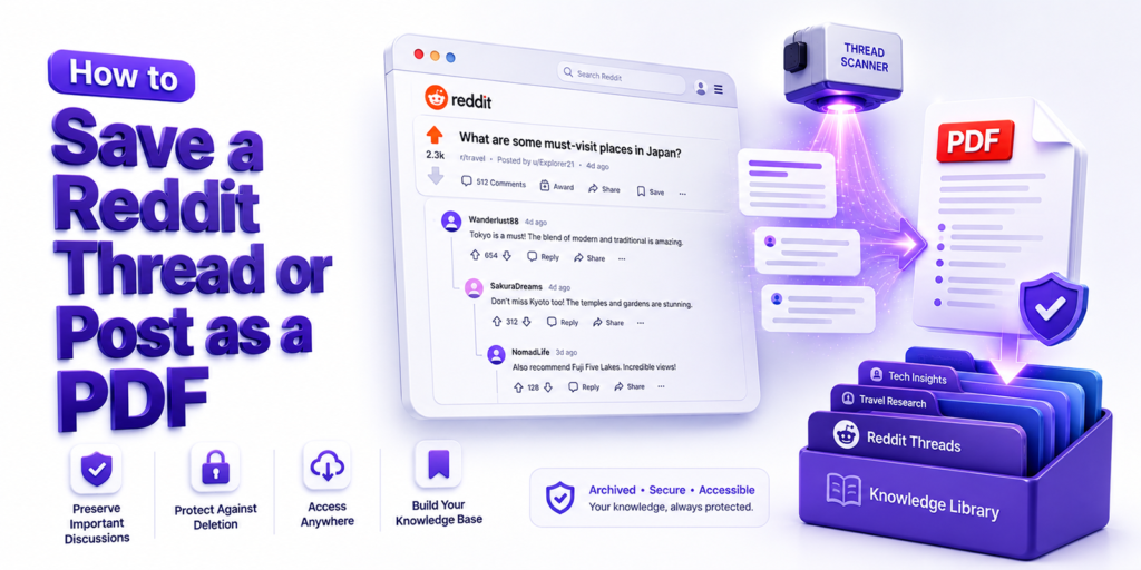 Guide showing how to save Reddit threads, posts, and comments as PDF files for offline reading and archiving.