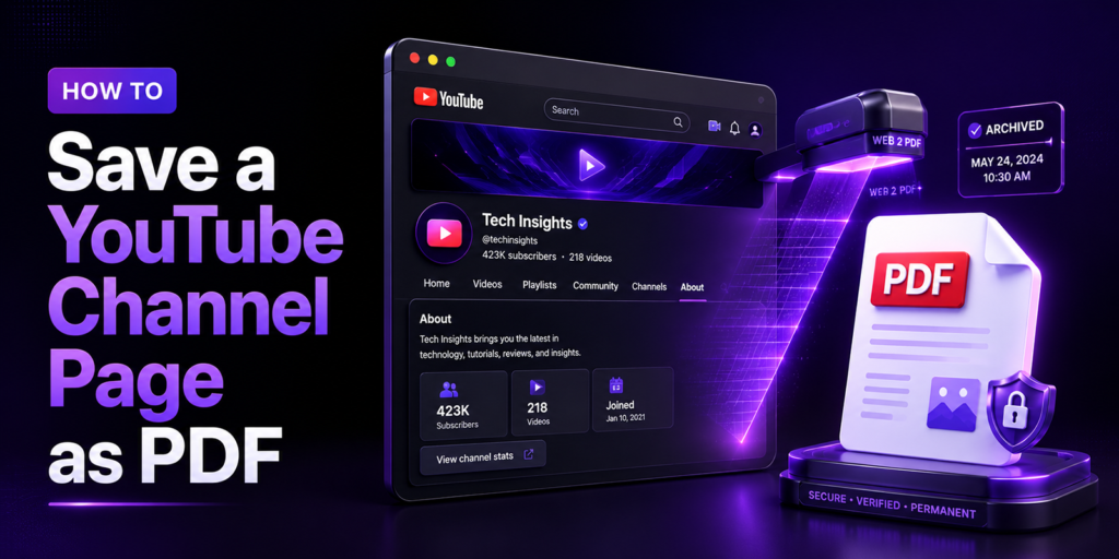 Guide showing how to save a YouTube channel page, About section, playlist, and video description as a PDF using Webs2PDF and browser tools.